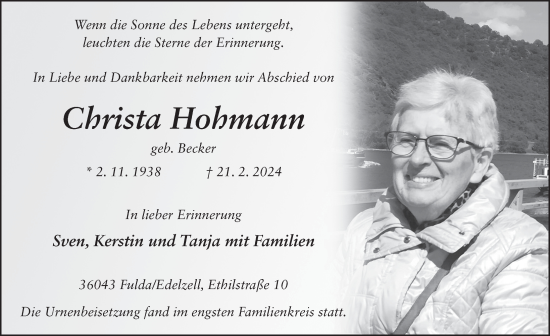 Traueranzeige von Christa Hohmann von FZ