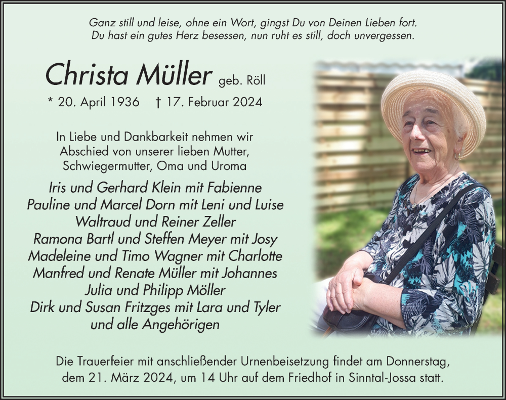  Traueranzeige für Christa Müller vom 16.03.2024 aus FZ