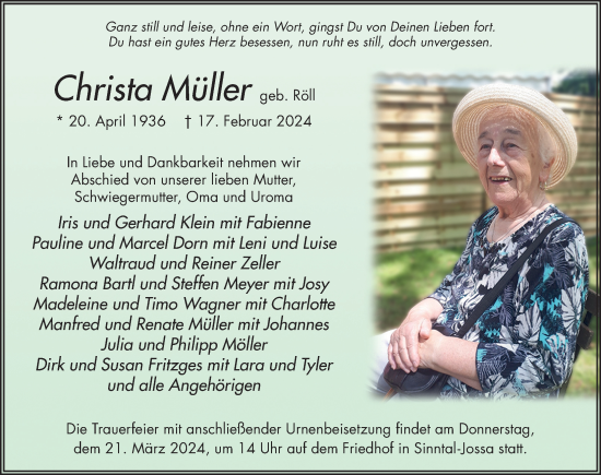 Traueranzeige von Christa Müller von FZ
