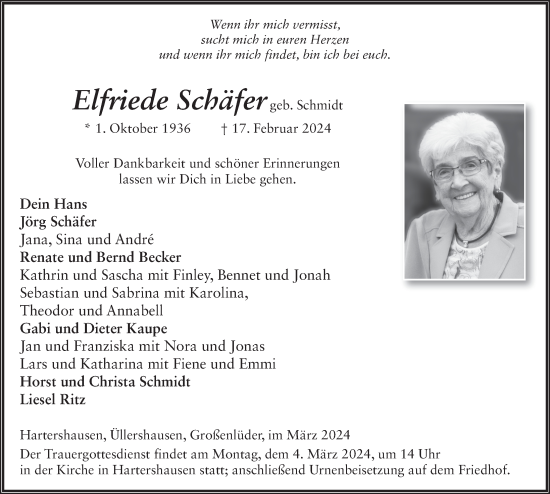 Traueranzeige von Elfriede Schäfer von FZ