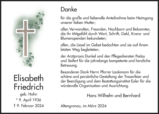 Traueranzeige von Elisabeth Friedrich von FZ