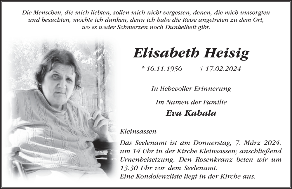  Traueranzeige für Elisabeth Heisig vom 04.03.2024 aus FZ