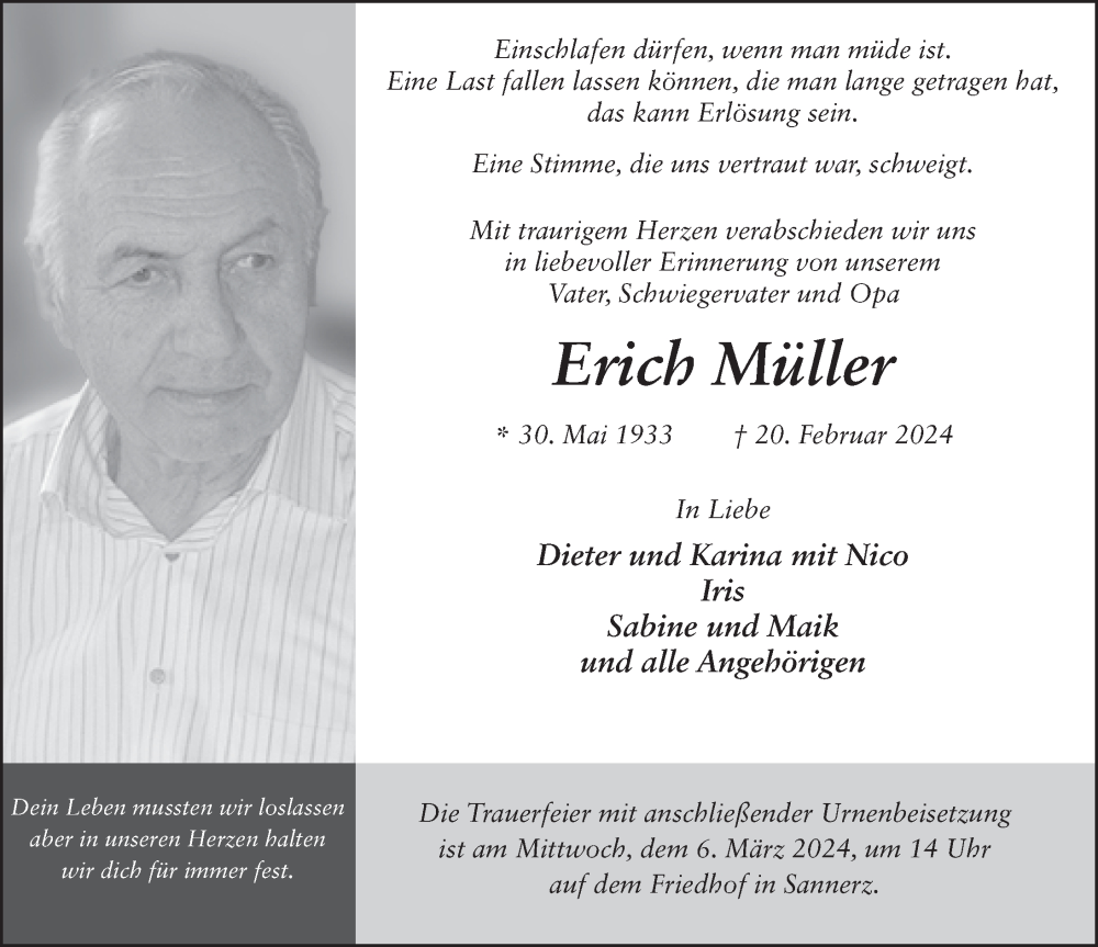  Traueranzeige für Erich Müller vom 02.03.2024 aus FZ