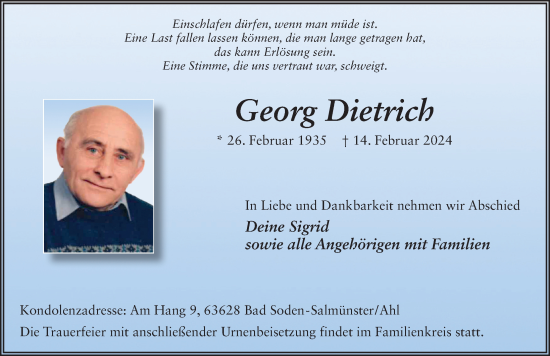 Traueranzeige von Georg Dietrich von FZ