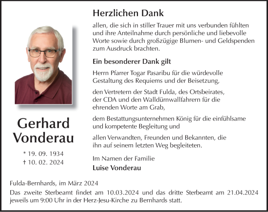 Traueranzeige von Gerhard Vonderau von FZ