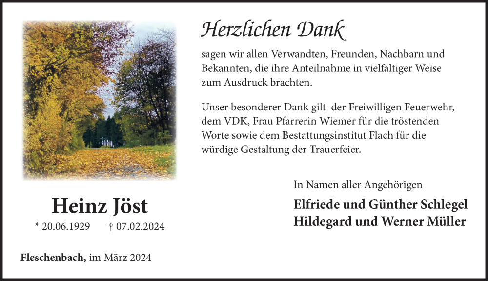  Traueranzeige für Heinz Jöst vom 23.03.2024 aus FZ