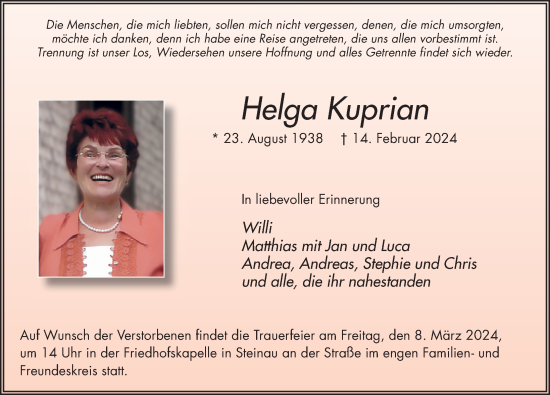 Traueranzeige von Helga Kuprian von FZ