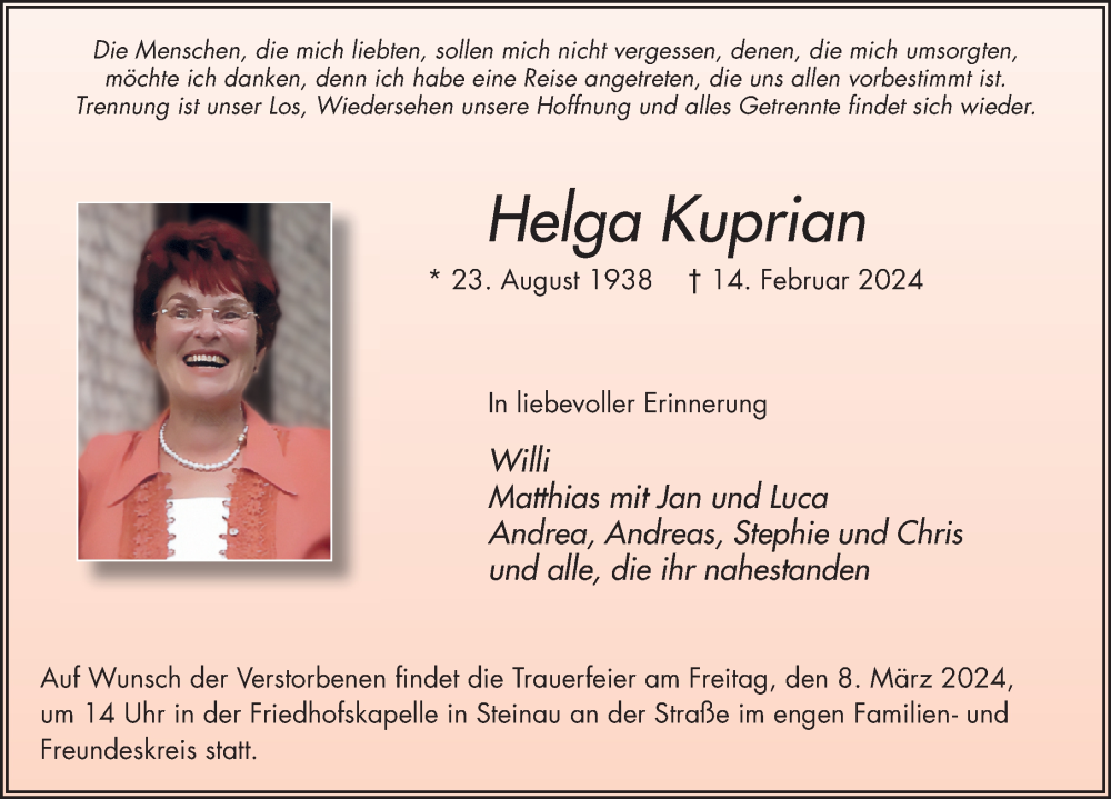  Traueranzeige für Helga Kuprian vom 02.03.2024 aus FZ