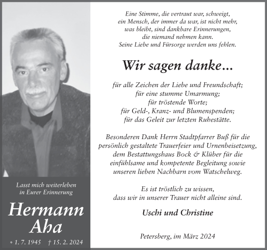 Traueranzeige von Hermann Aha von FZ