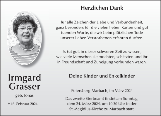 Traueranzeige von Irmgard Grasser von FZ