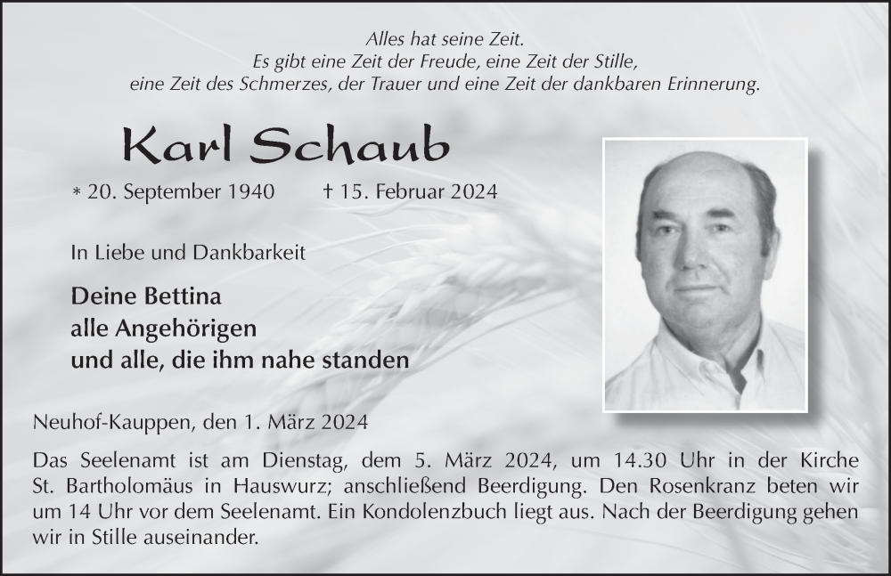  Traueranzeige für Karl Schaub vom 01.03.2024 aus FZ