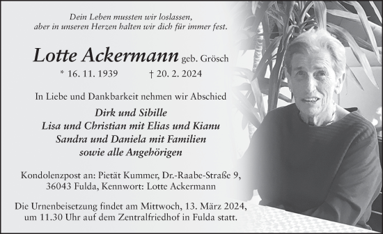 Traueranzeige von Lotte Ackermann von FZ