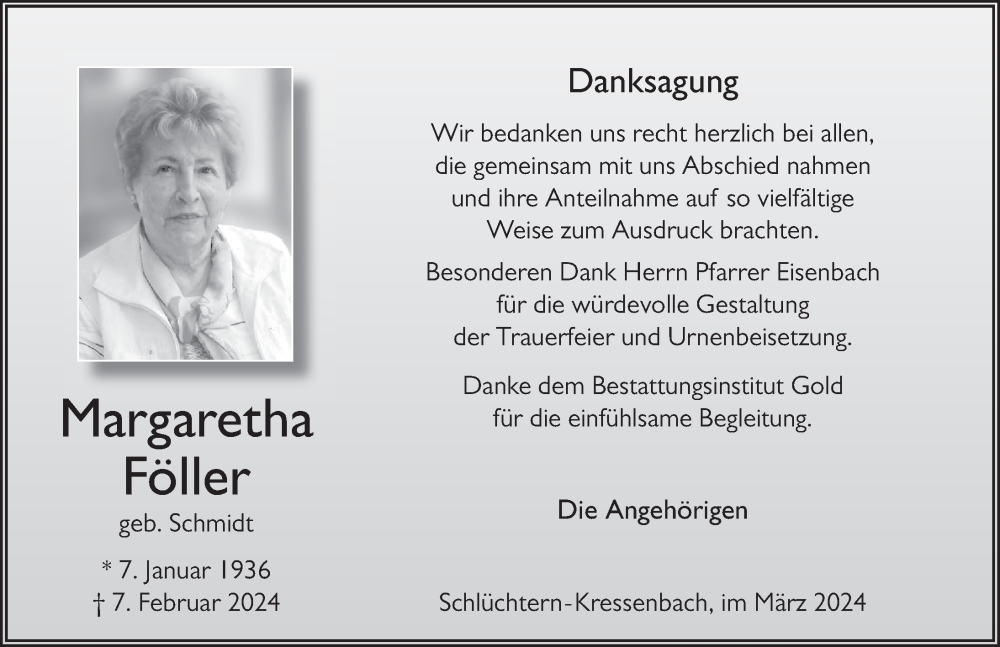  Traueranzeige für Margaretha Föller vom 02.03.2024 aus FZ