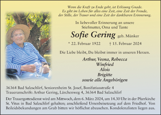 Traueranzeige von Sofie Gering von FZ