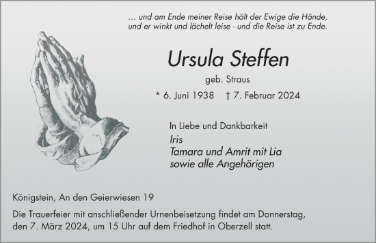 Traueranzeige von Ursula Steffen von FZ
