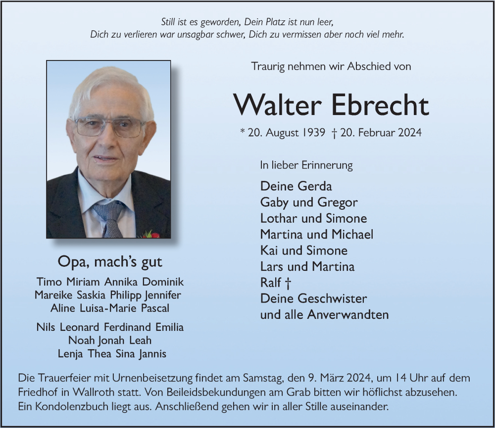  Traueranzeige für Walter Ebrecht vom 02.03.2024 aus FZ