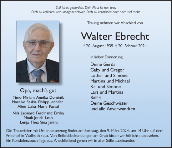 Traueranzeige von Walter Ebrecht von FZ