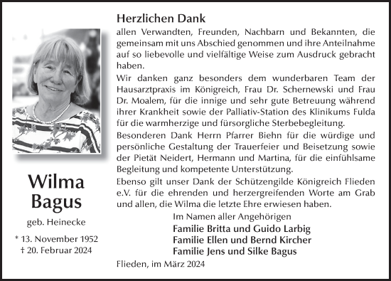 Traueranzeige von Wilma Bagus von FZ