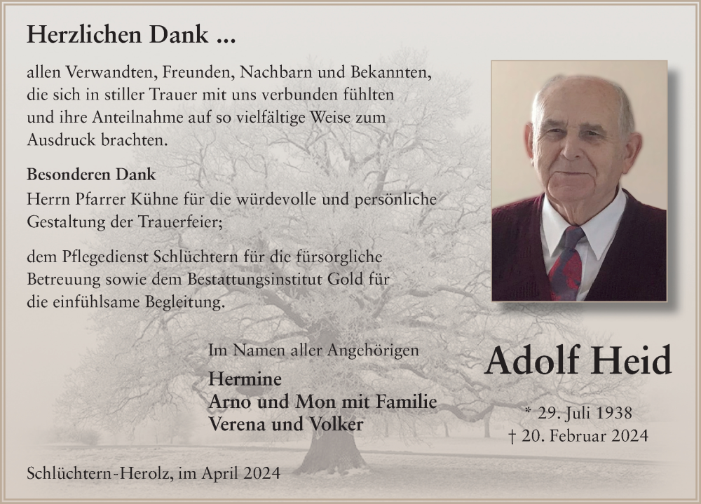  Traueranzeige für Adolf Heid vom 13.04.2024 aus FZ