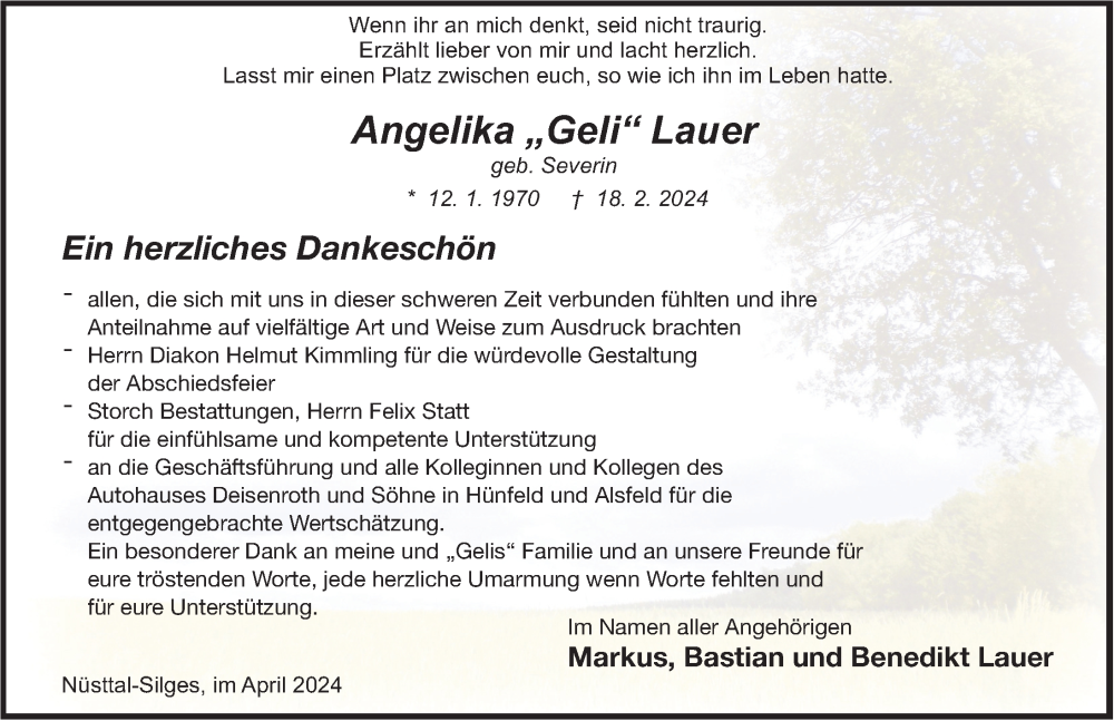  Traueranzeige für Angelika Lauer vom 06.04.2024 aus FZ