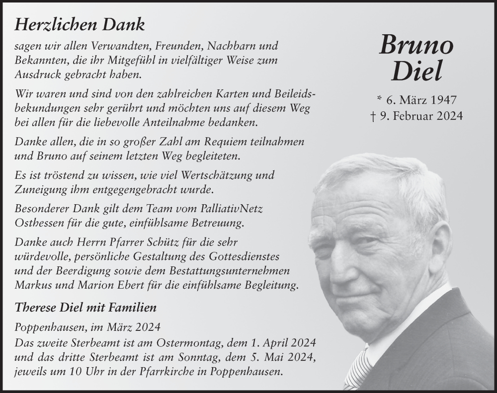  Traueranzeige für Bruno Diel vom 28.03.2024 aus FZ