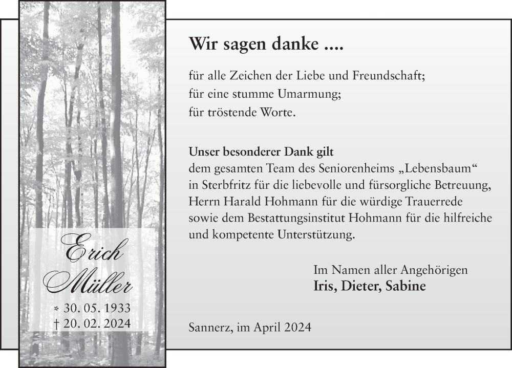  Traueranzeige für Erich Müller vom 06.04.2024 aus FZ