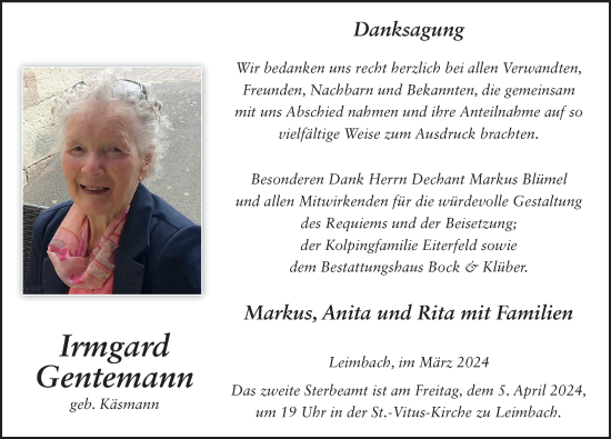 Traueranzeige von Irmgard Gentemann von FZ