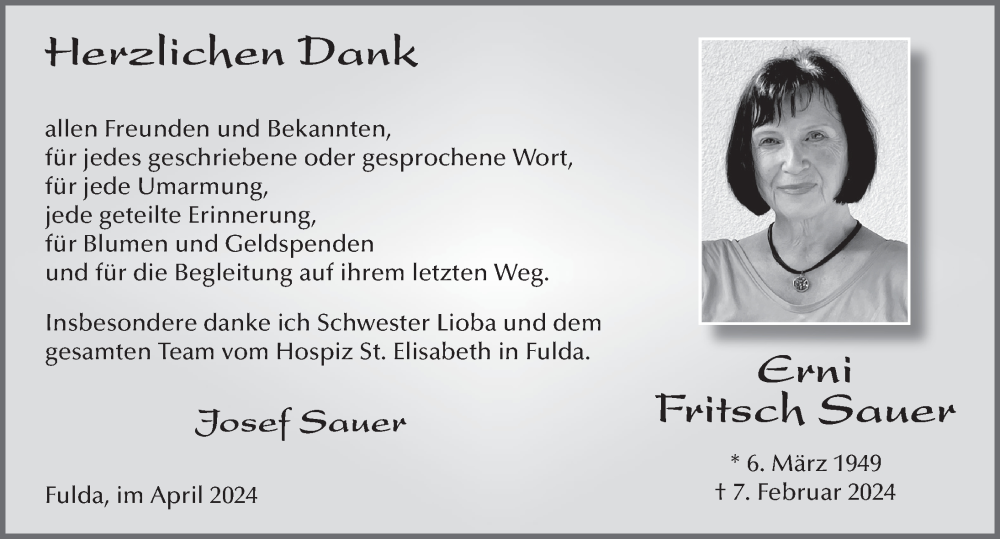  Traueranzeige für Katharina-Erna  Fritsch Sauer vom 20.04.2024 aus FZ