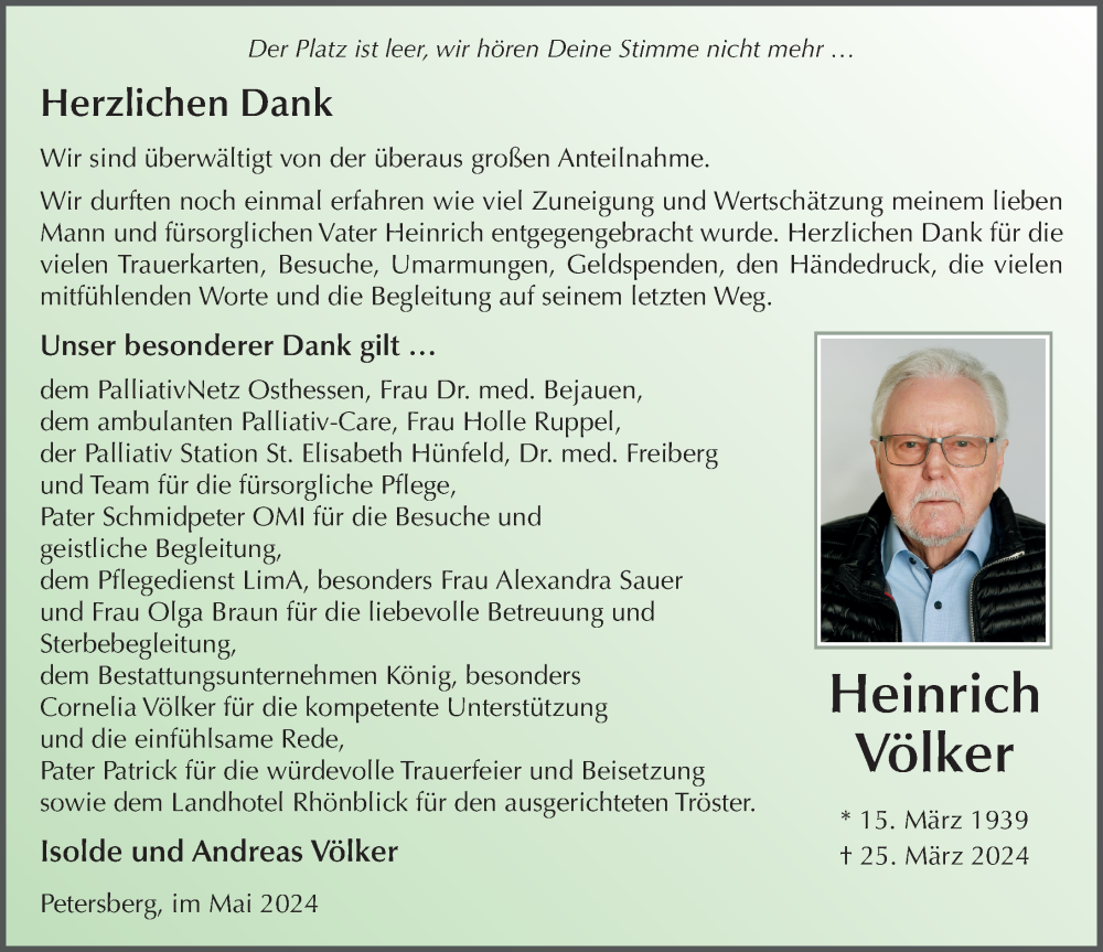  Traueranzeige für Heinrich Völker vom 25.05.2024 aus FZ