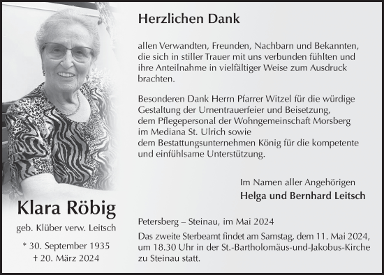 Traueranzeige von Klara Röbig von FZ
