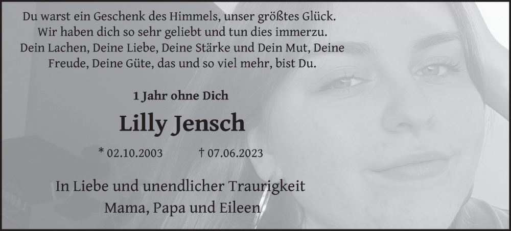  Traueranzeige für Lilly Jensch vom 07.06.2024 aus FZ
