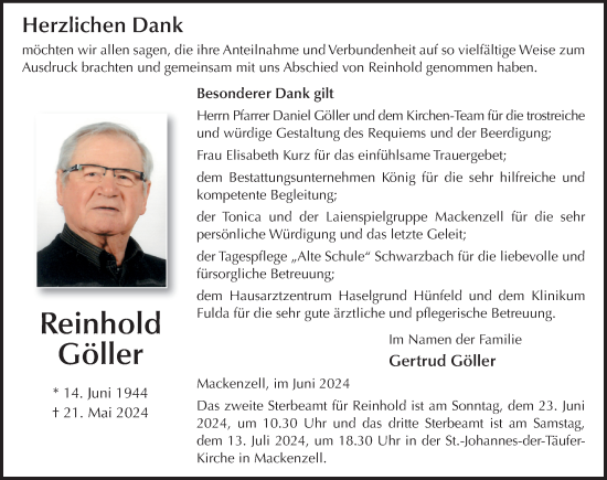 Traueranzeige von Reinhold Göller von FZ