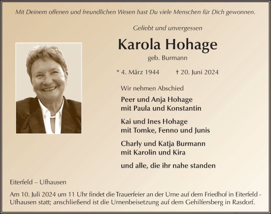 Traueranzeige von Karola Hohage von FZ