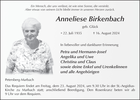 Traueranzeige von Anneliese Birkenbach von FZ