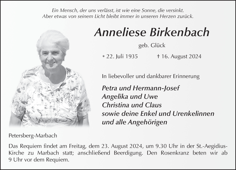  Traueranzeige für Anneliese Birkenbach vom 20.08.2024 aus FZ