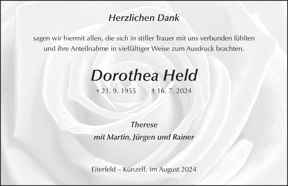  Traueranzeige für Dorothea Held vom 22.08.2024 aus FZ