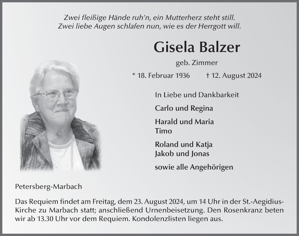  Traueranzeige für Gisela Balzer vom 20.08.2024 aus FZ