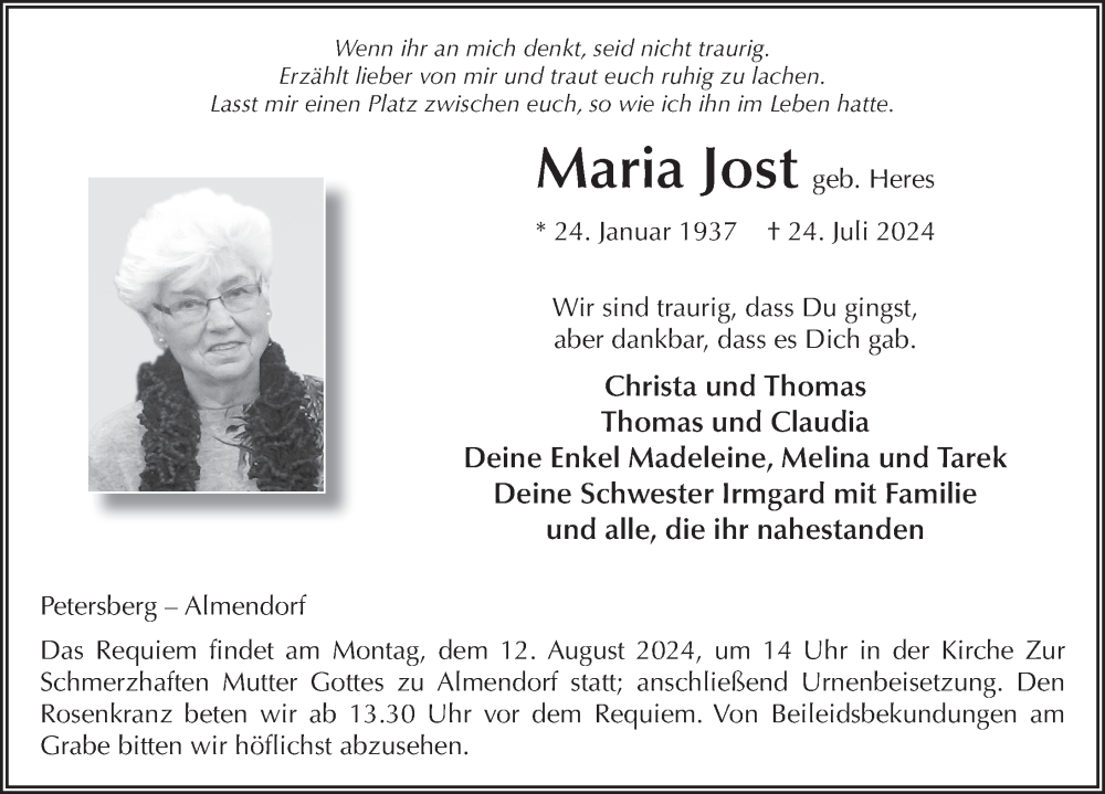  Traueranzeige für Maria Jost vom 08.08.2024 aus FZ