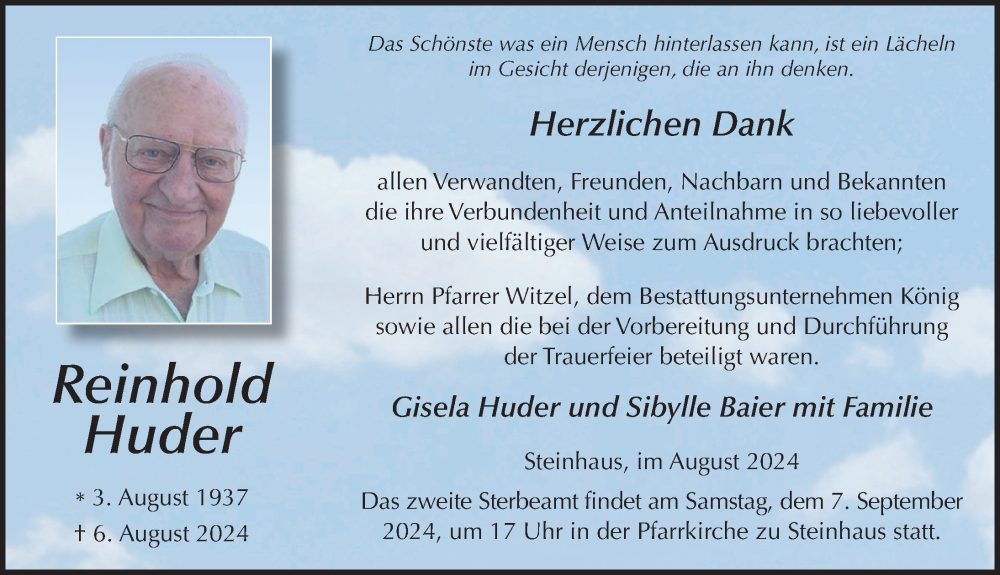  Traueranzeige für Reinhold Huder vom 31.08.2024 aus FZ