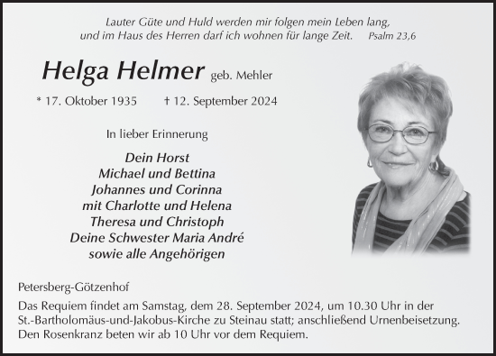 Traueranzeige von Helga Helmer von FZ