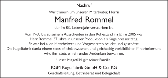 Traueranzeige von Manfred Rommel von FZ