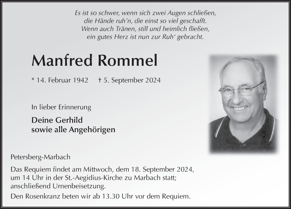  Traueranzeige für Manfred Rommel vom 14.09.2024 aus FZ