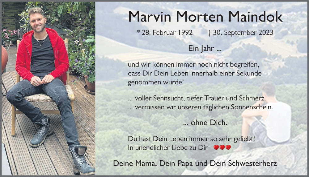  Traueranzeige für Marvin Morten Maindok vom 28.09.2024 aus FZ