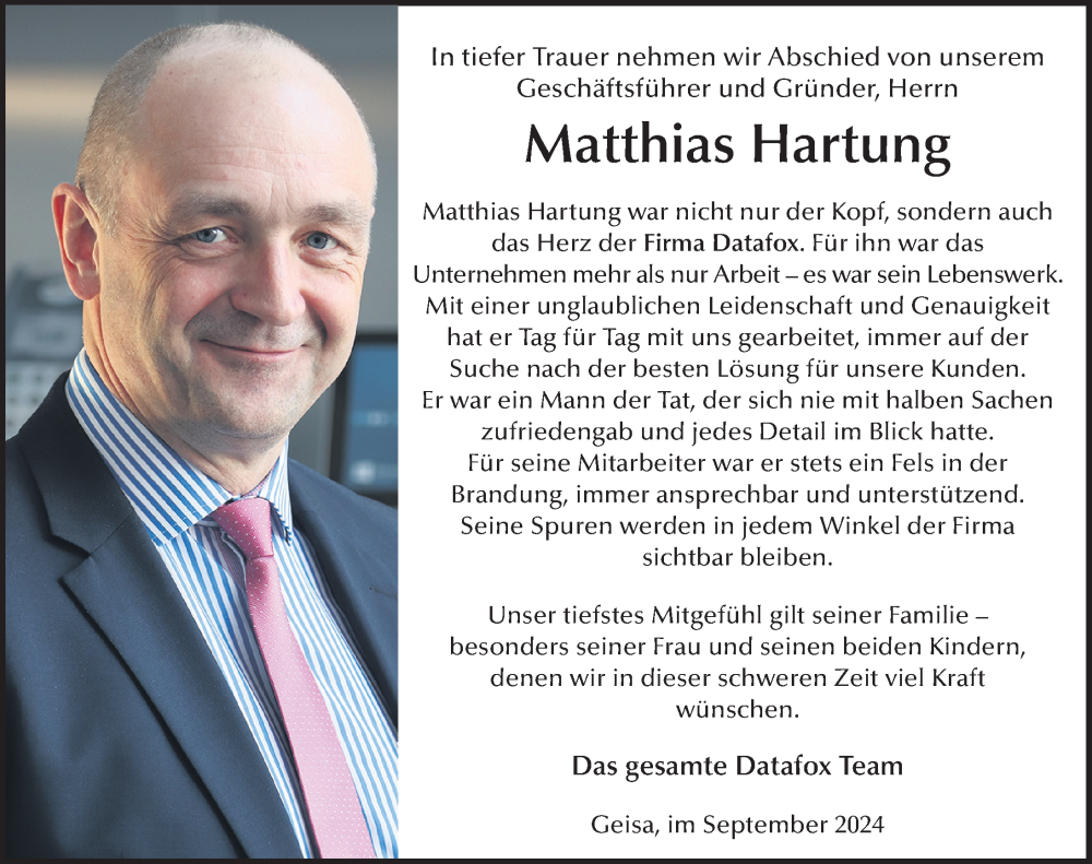  Traueranzeige für Matthias Hartung vom 25.09.2024 aus FZ