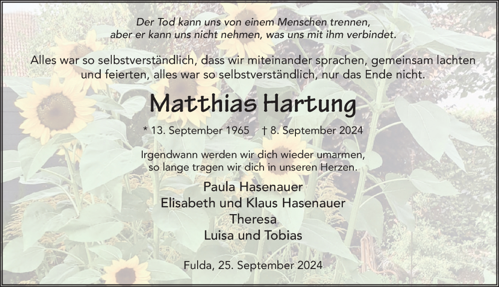  Traueranzeige für Matthias Hartung vom 25.09.2024 aus FZ