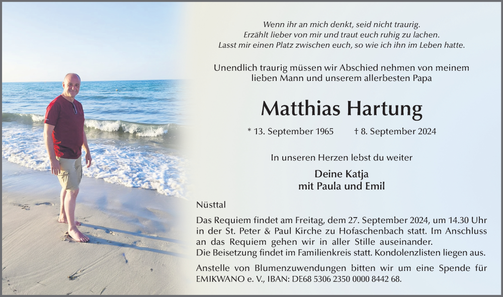  Traueranzeige für Matthias Hartung vom 25.09.2024 aus FZ