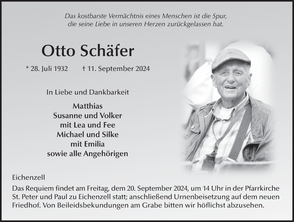  Traueranzeige für Otto Schäfer vom 17.09.2024 aus FZ