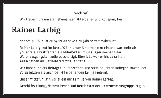Traueranzeige von Rainer Larbig von FZ