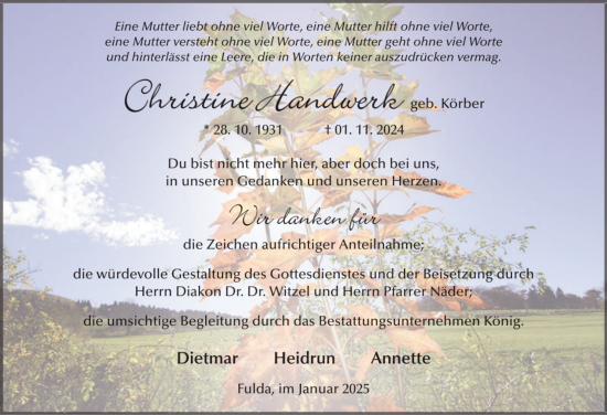 Traueranzeige von Christine Handwerk von FZ