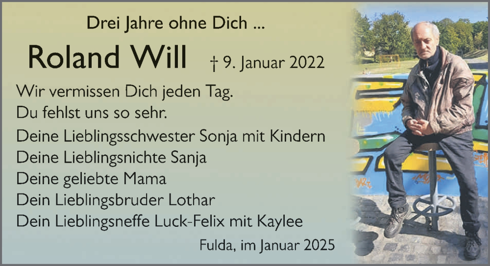  Traueranzeige für Roland Will vom 09.01.2025 aus FZ